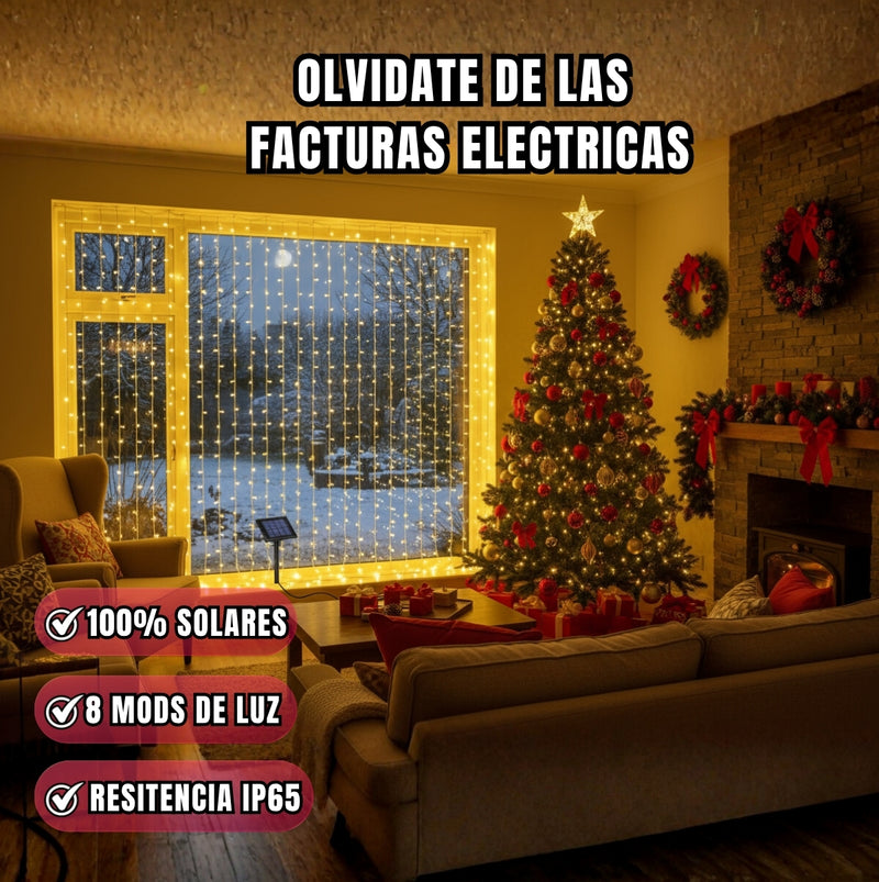 LUCES LED CORTINA NAVIDEÑAS CON PANEL SOLAR 3x3 METROS