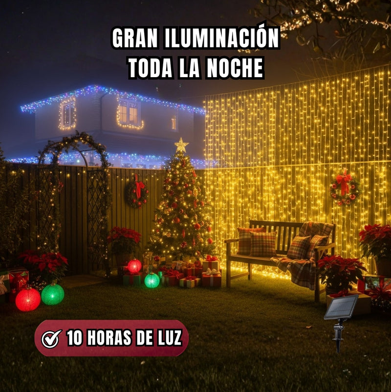 LUCES LED CORTINA NAVIDEÑAS CON PANEL SOLAR 3x3 METROS
