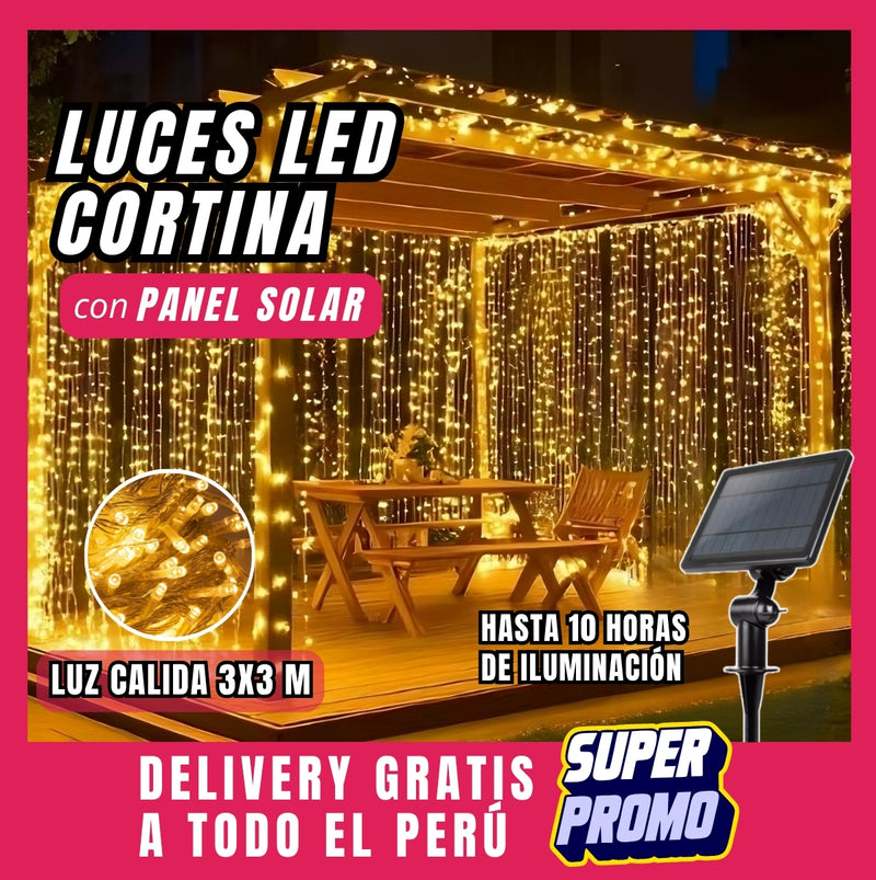 LUCES LED CORTINA NAVIDEÑAS CON PANEL SOLAR 3x3 METROS