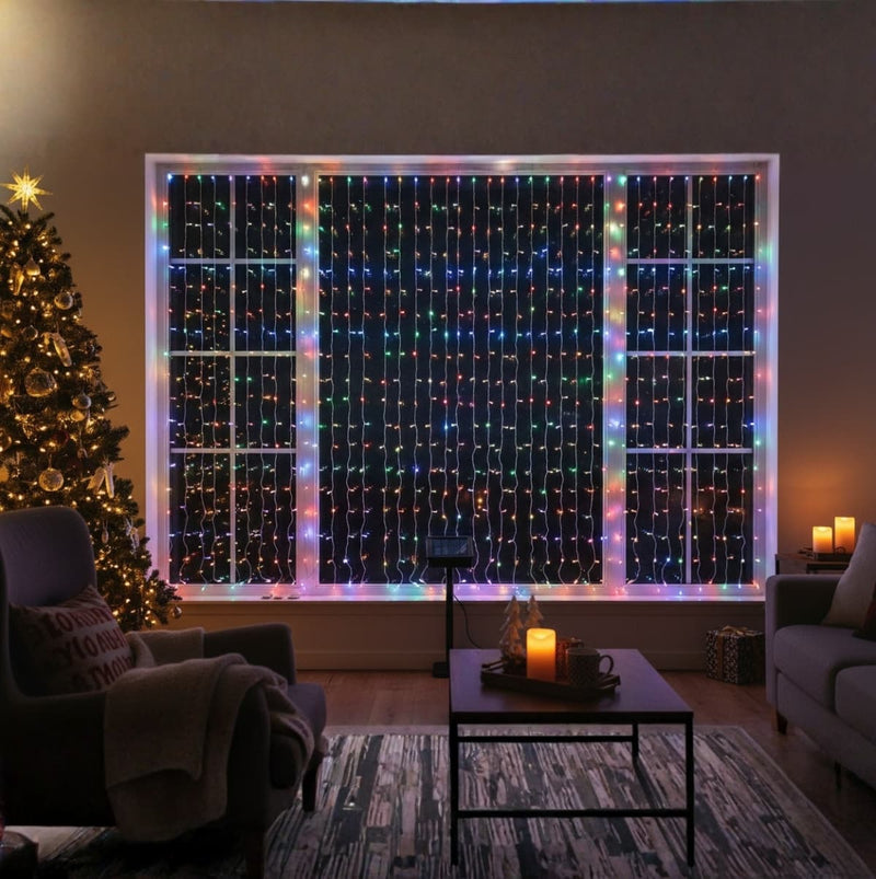 LUCES LED CORTINA NAVIDEÑAS CON PANEL SOLAR 3x3 METROS