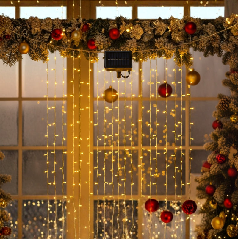 LUCES LED CORTINA NAVIDEÑAS CON PANEL SOLAR 3x3 METROS