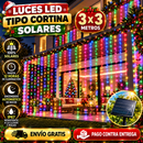 LUCES LED CORTINA MULTICOLOR NAVIDEÑAS CON PANEL SOLAR 3x3 METROS